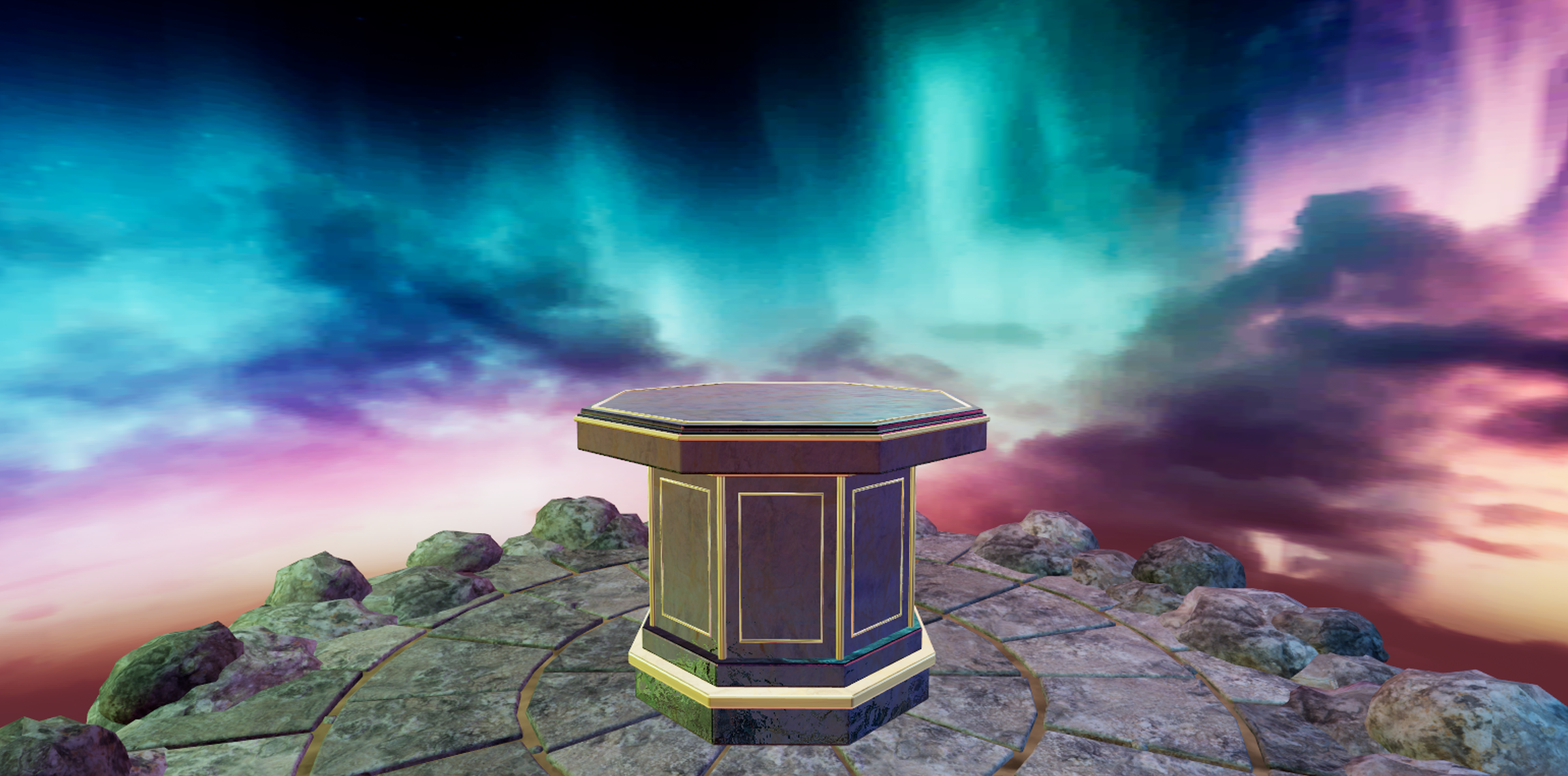 The gold-trimmed puzzle table beneath a colorful aurora sky